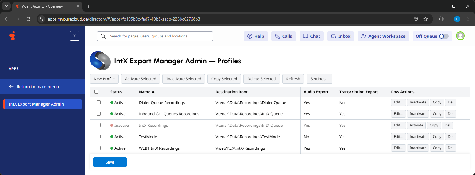 IntX Export Manager Admin — Profiles overview inside Genesys Cloud